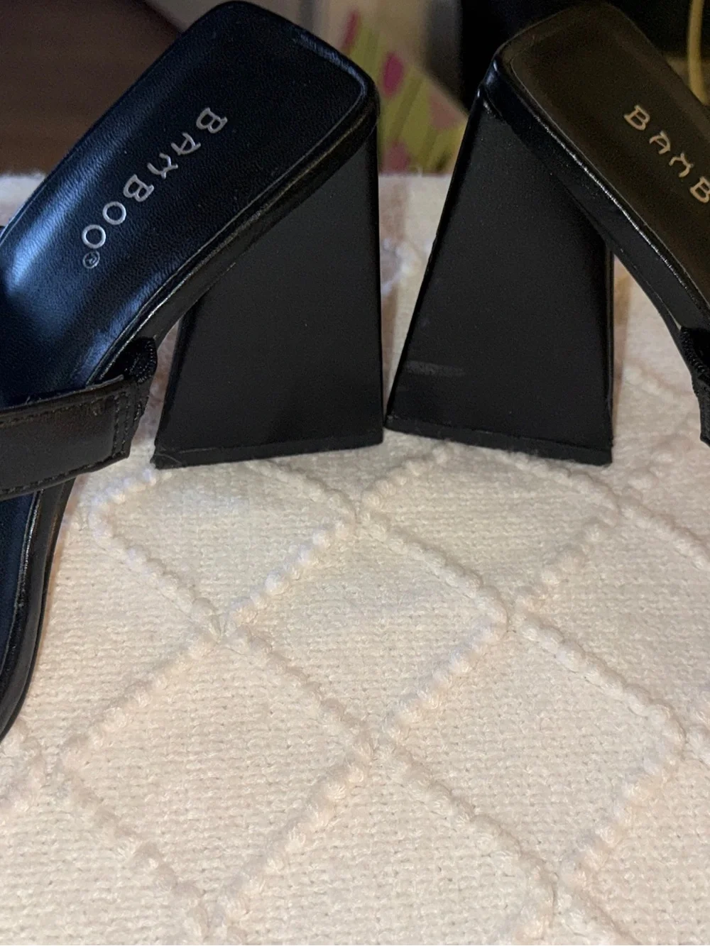 BAMBOO Black Double-Strap Square Toe Block Heels